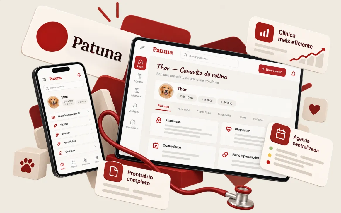 Patuna no tablet e no celular: prontuário, histórico e agenda da clínica.