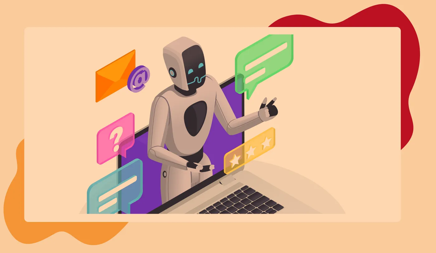 Ilustração de um robô alimentado pela Inteligência Artificial emergindo de uma tela de laptop, interagindo com ícones flutuantes coloridos, incluindo balões de fala, um ponto de interrogação, um envelope e uma classificação por estrelas. O fundo é estilizado com formas abstratas vermelhas e laranja.
