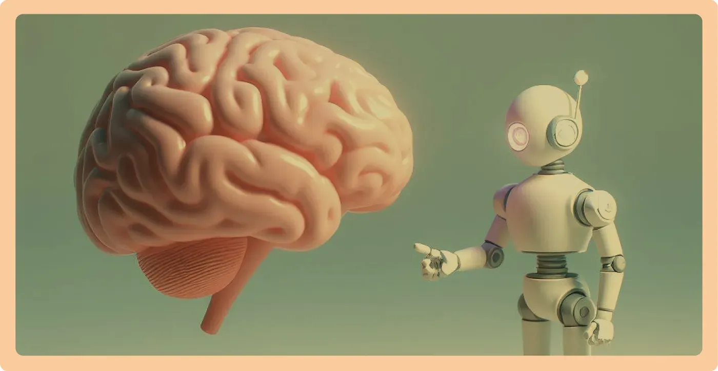 Uma renderização 3D de um robô apontando para um grande cérebro humano, ambos em um fundo verde. A cena é emoldurada com formas abstratas em tons de vermelho e laranja.