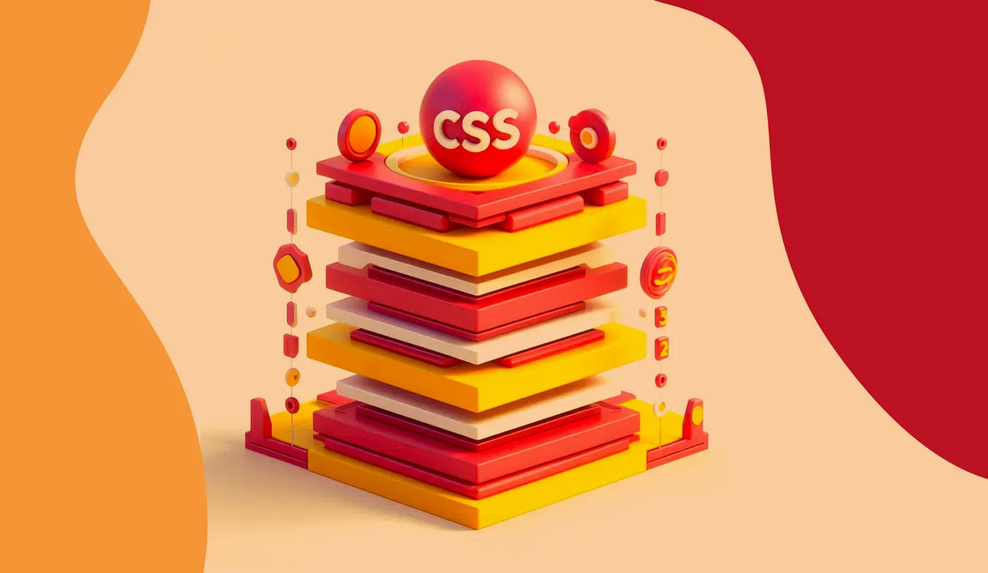 Uma ilustração 3D apresenta uma pilha em camadas em tons vibrantes de laranja, vermelho e amarelo com uma bola rotulada CSS empoleirada no topo. Formas geométricas circundam elegantemente a estrutura, todas colocadas contra um hipnotizante fundo ondulado de dois tons de laranja e vermelho.